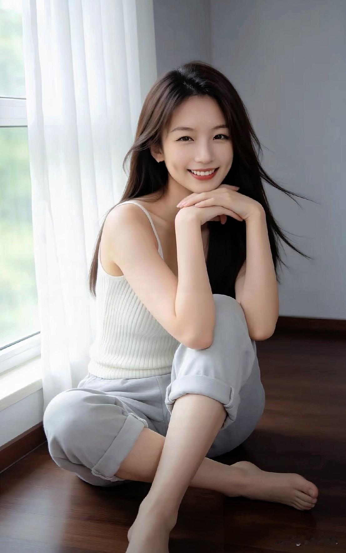 阳光漫过窗沿，小姐姐安静坐着，嘴角轻扬，笑容干净又清甜。分享一下你随手拍下的照片