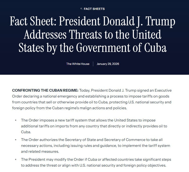 特朗普签署了一项行政命令，宣布对古巴实施国家紧急状态，并授权对向该岛供应石油的国