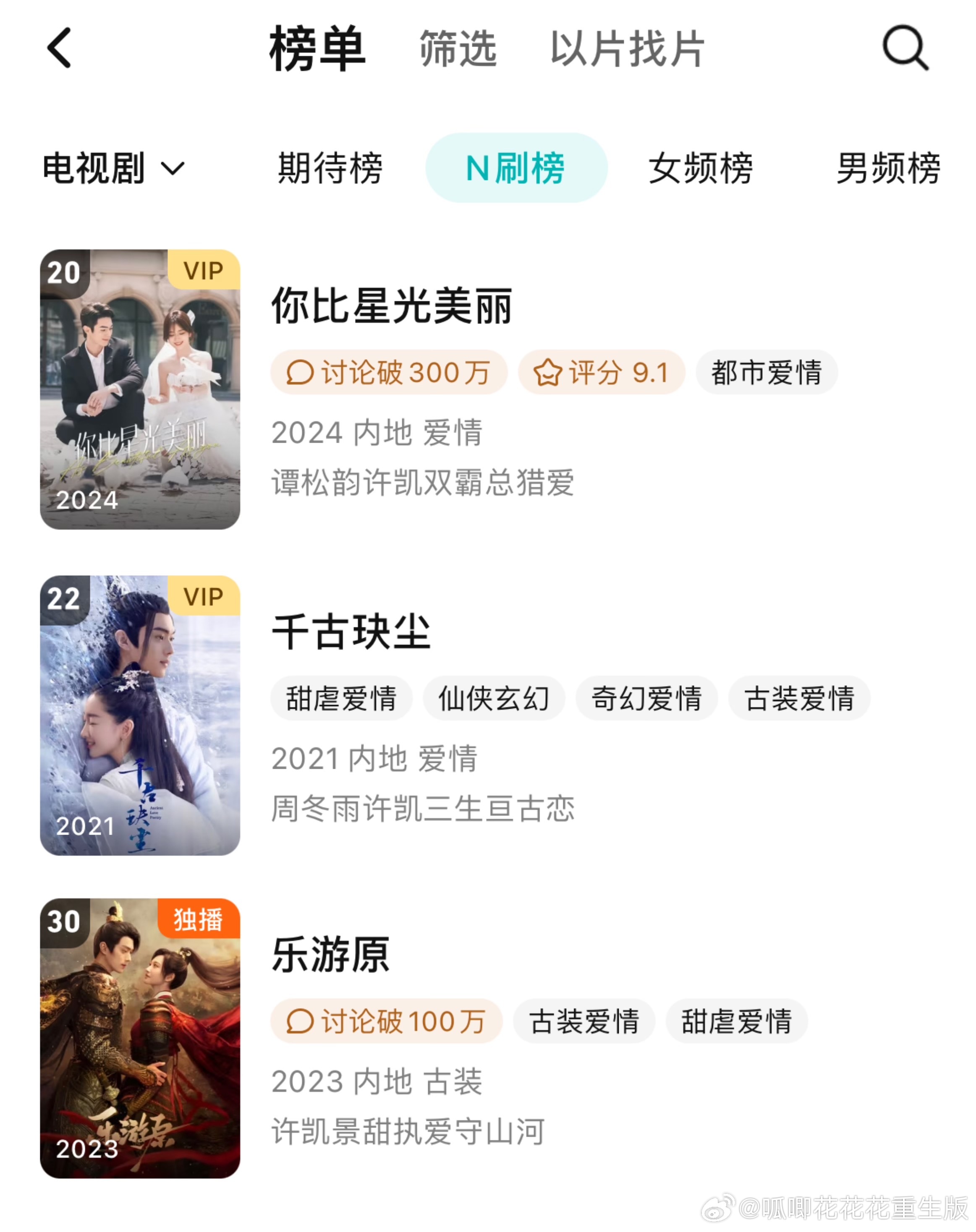 许凯🦢N刷榜三部剧进榜，能超越许凯的只有他自己，看来大家剧荒的时候会有一致的选