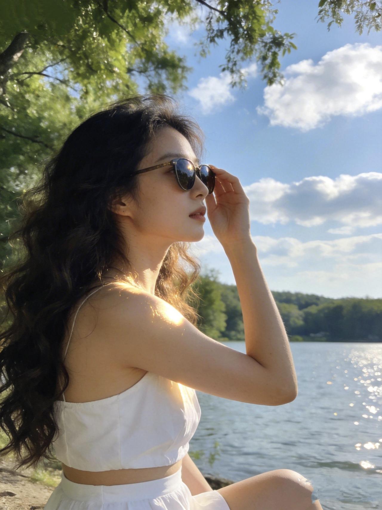 《湖畔日光》
 
风把云揉成软絮
漫过青枝，吻向湖面的碎金
白裙沾着夏末的温软