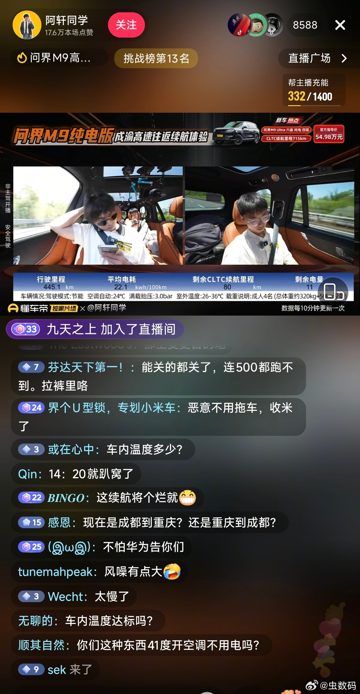 目前，成都返程了，行驶里程 445.1km，平均电耗 22.1，剩余 CLTC 