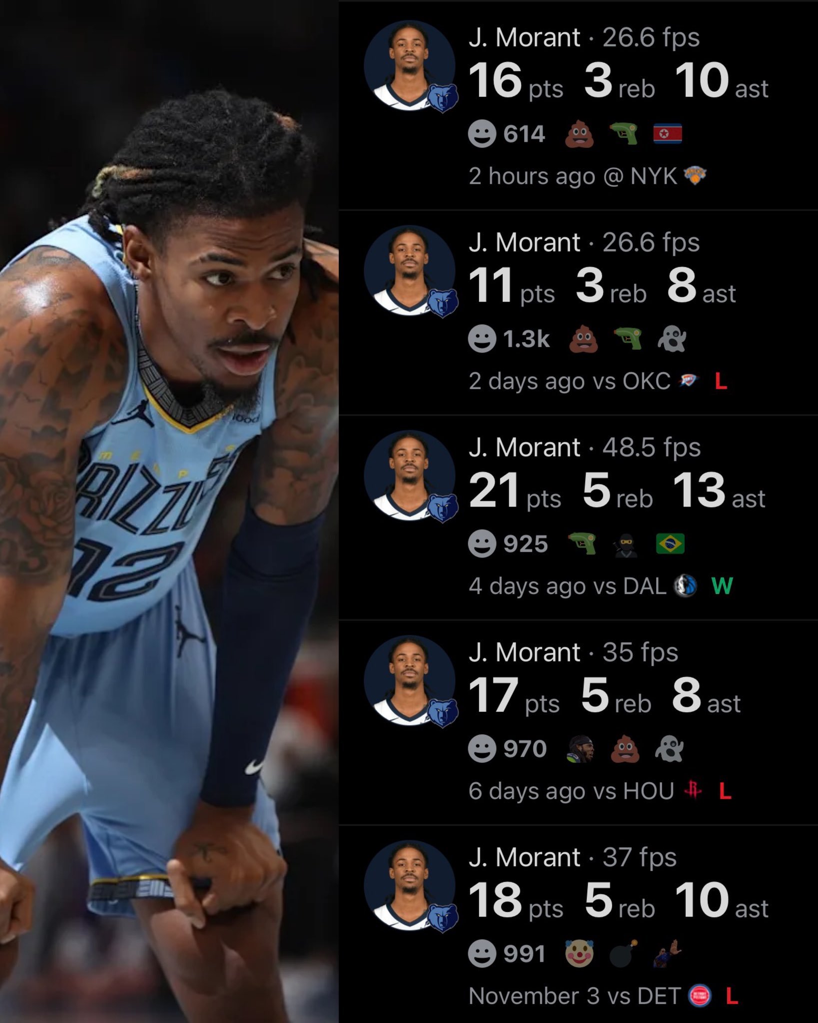 莫兰特过去这几场比赛，交易价值感觉还是会受影响…主要是命中率分别是4/14、3/