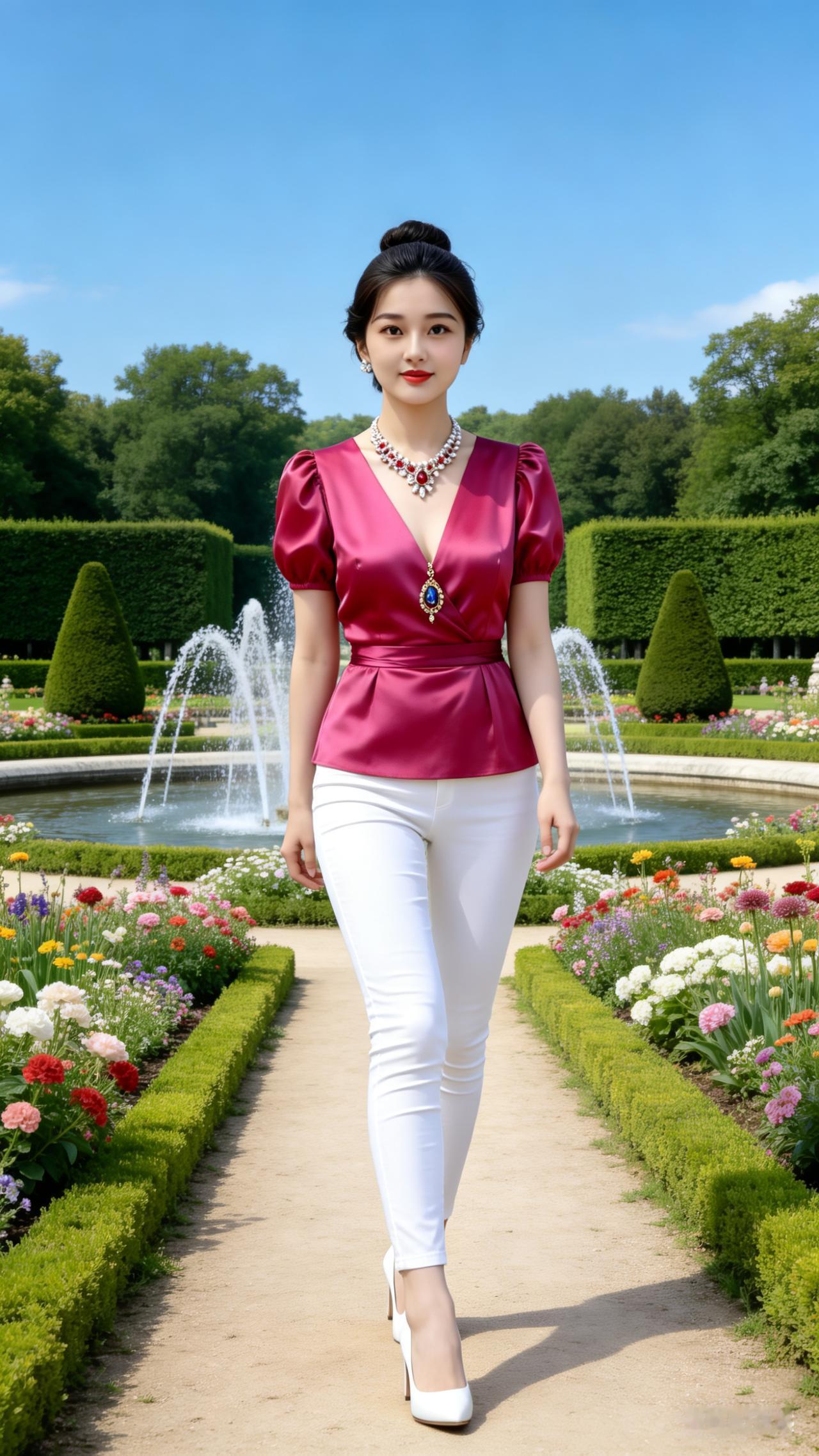 干练美女着红粉色上衣，颈戴珍珠项链，耳坠宝石，搭配白色紧身休闲裤与白色高跟鞋。背