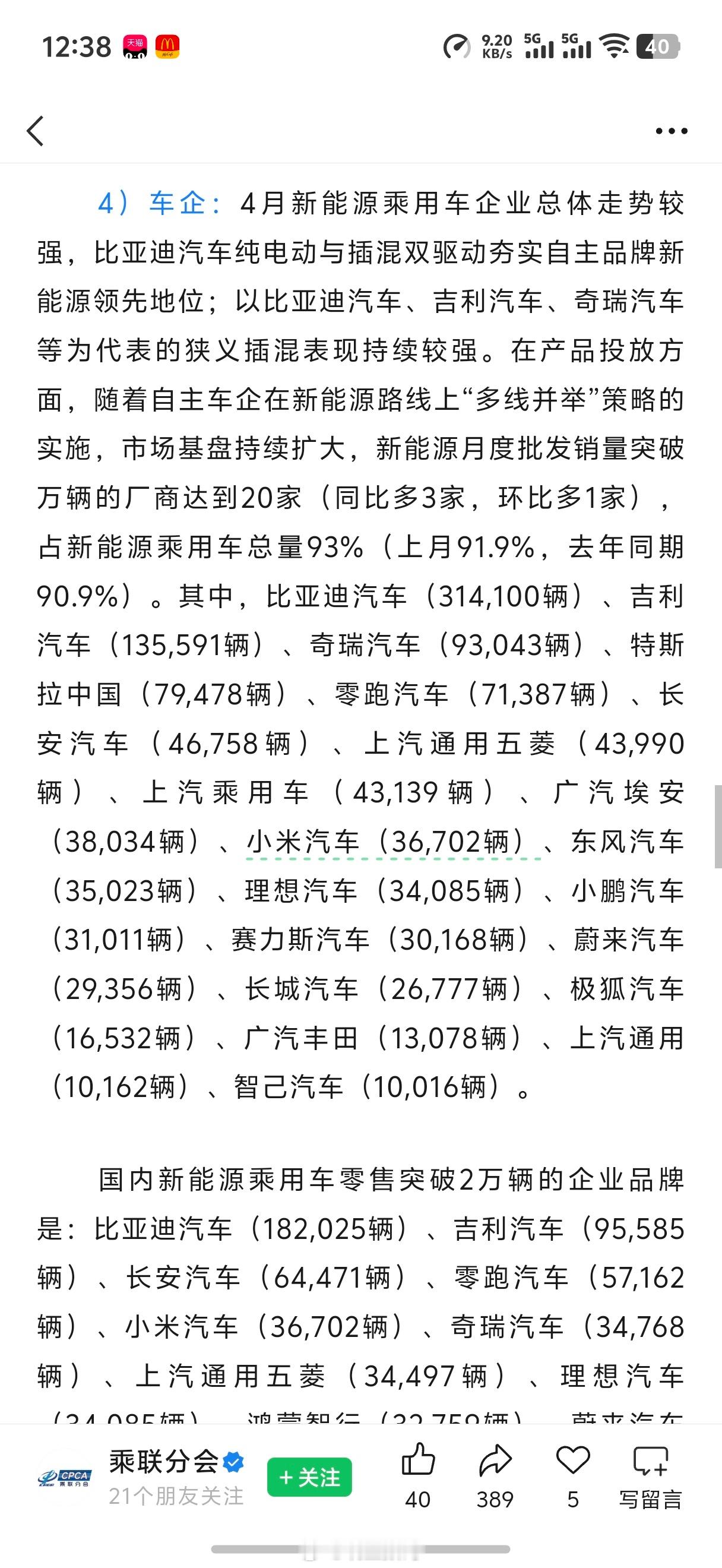 小米4月销量竟然高达36,702辆，之前才报超30000辆。直接穿了