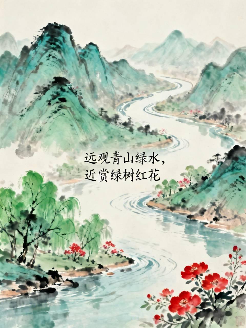 上联：远观青山绿水，
下联：近赏绿树红花。