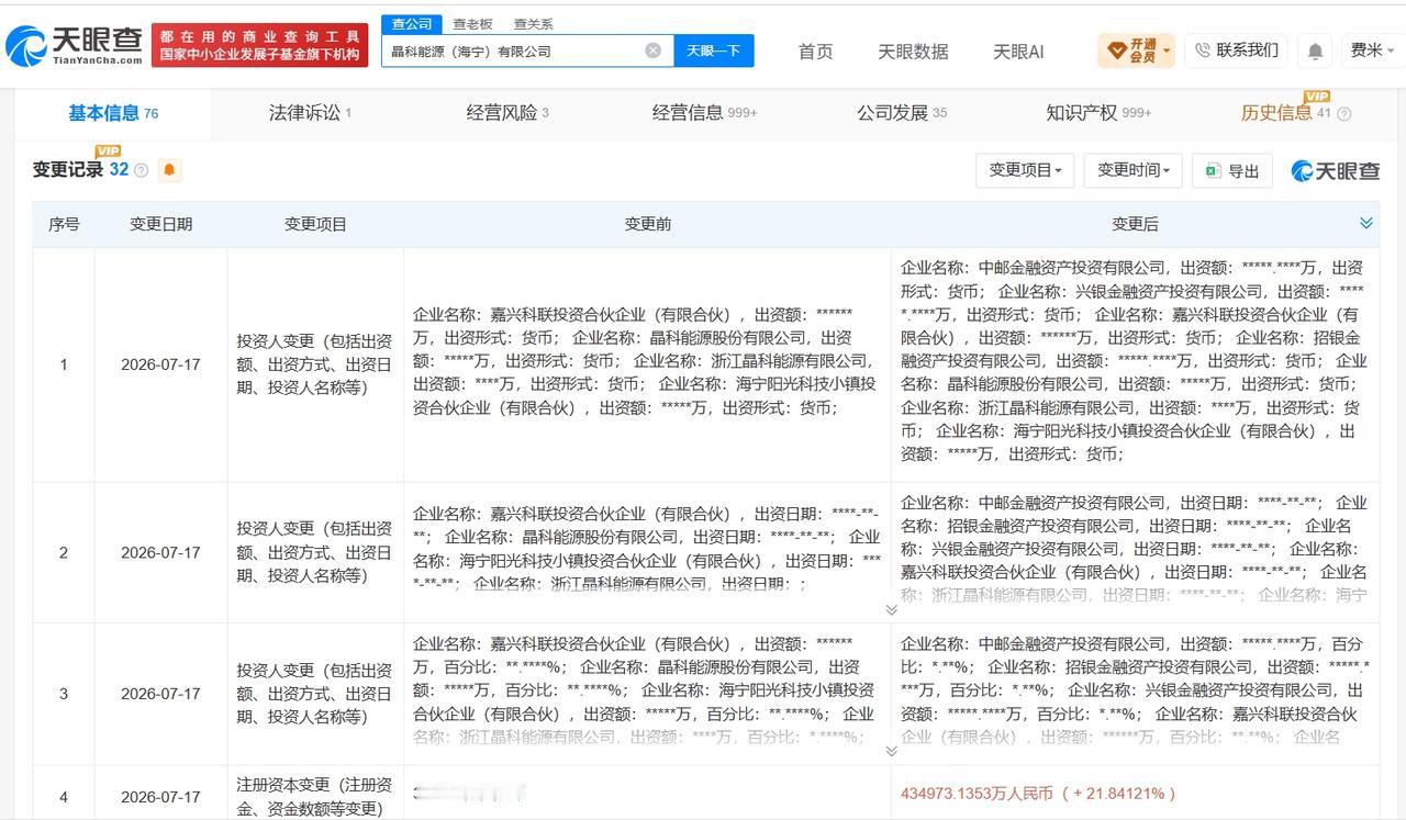 晶科能源旗下海宁公司增资至43.5亿 增幅约22%
天眼查App显示，近日，晶科