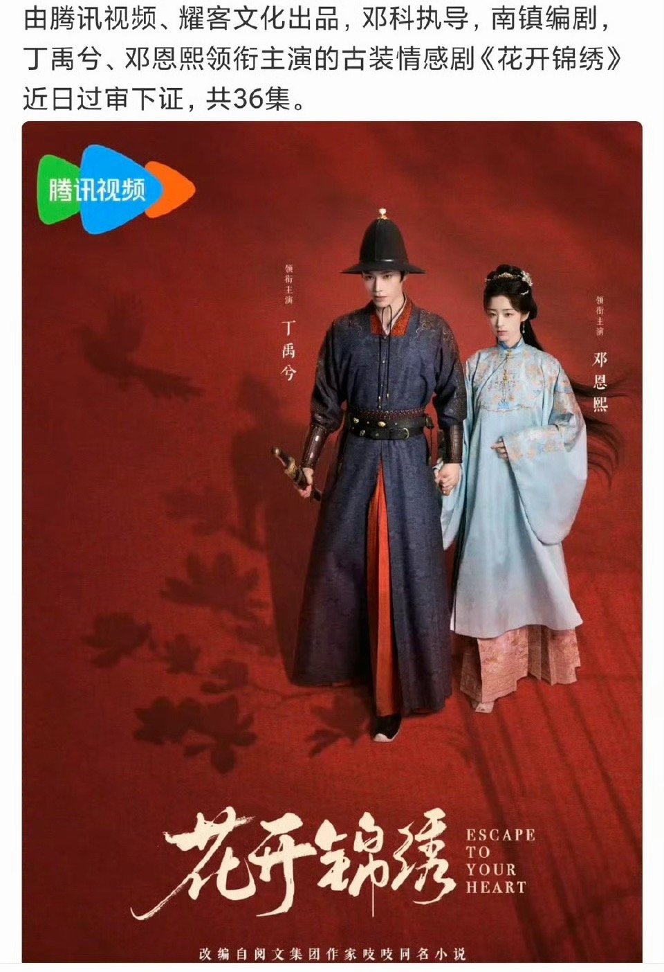 丁禹兮《花开锦绣》近日取得发行许可证 