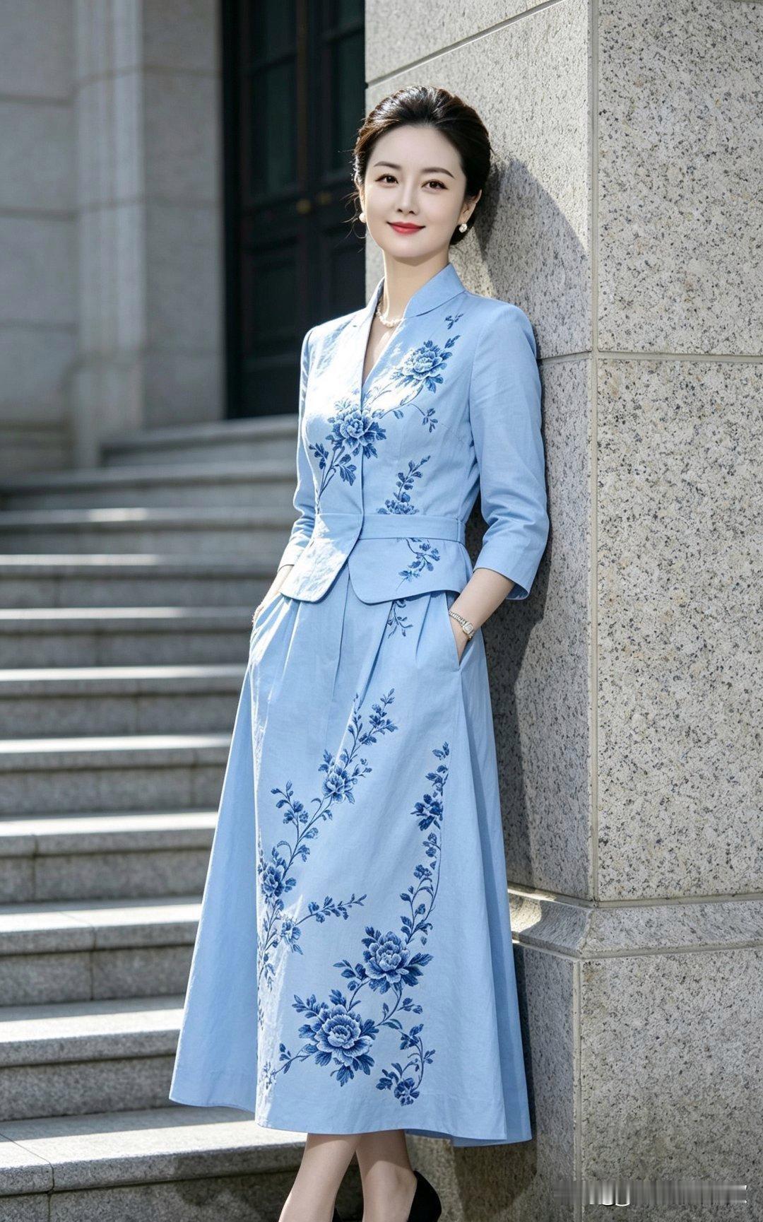 《青花瓷韵》

水蓝衣袂绘青花，典雅身姿倚石家。

国色芳姿凝秀色，端庄温婉似朝
