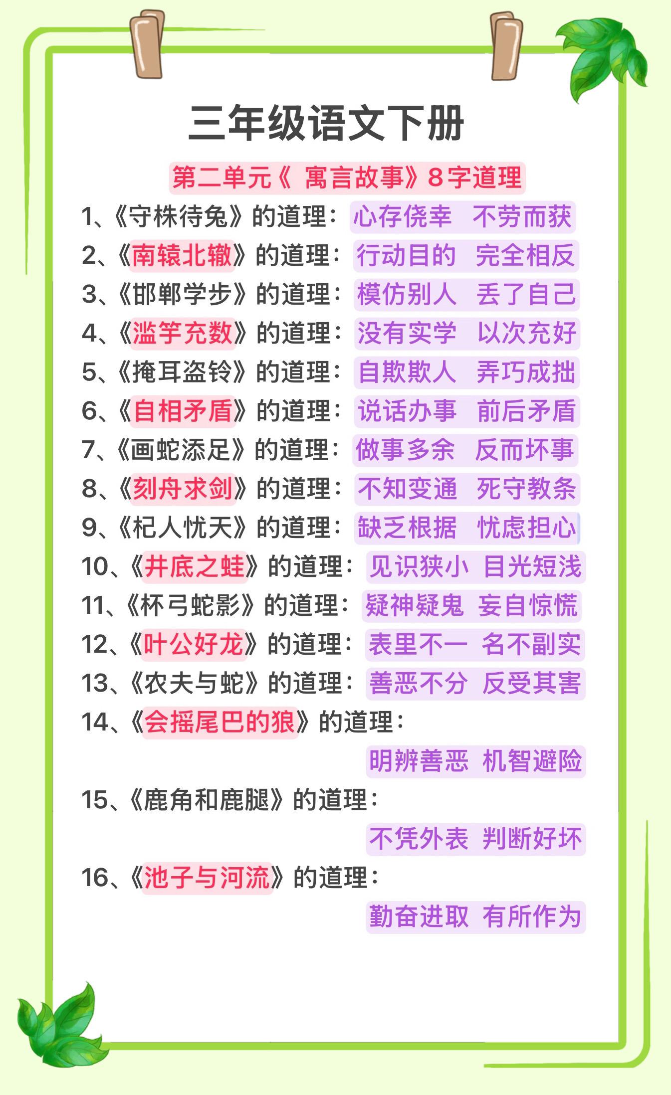 三年级下册《寓言故事》8字道理，家长收藏～