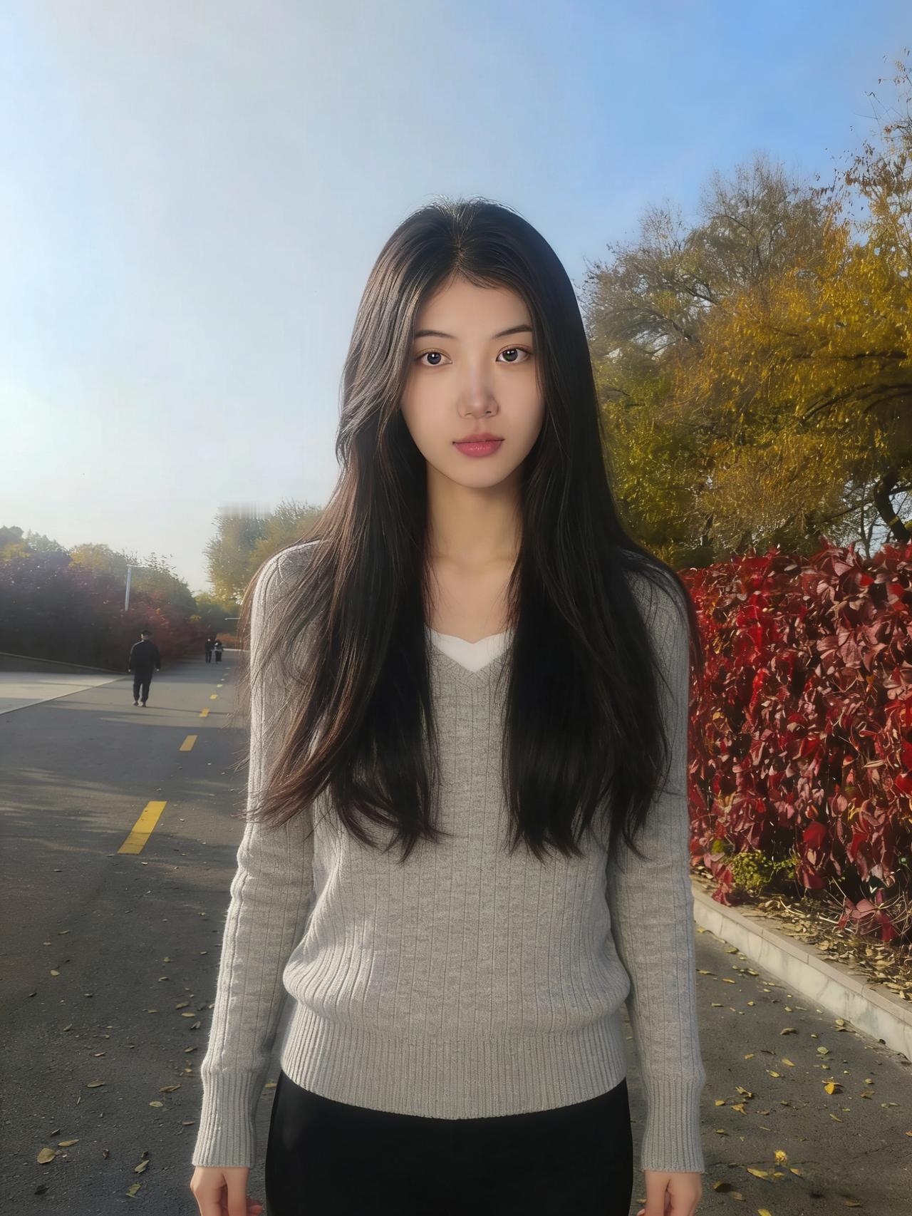 灰毛衣是织的秋，贴在她身上
她行走在秋径，与季节相融
红的叶，黄的枝，黑的发，成