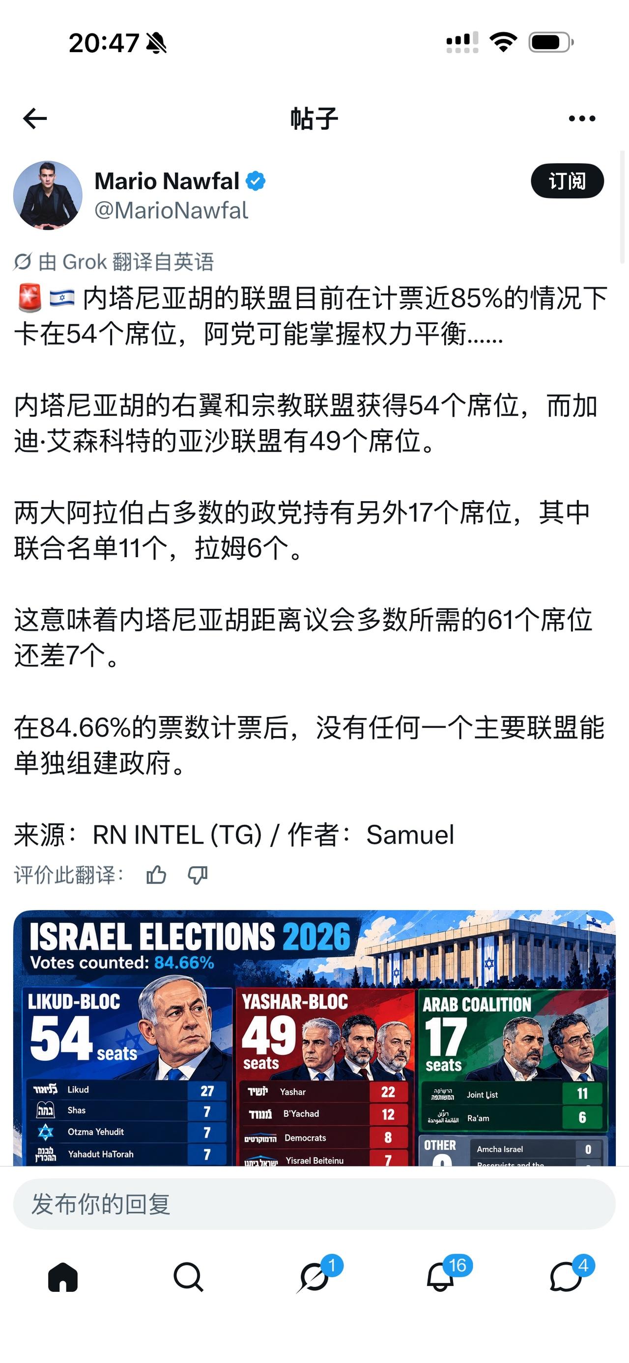 计票85%，内塔尼亚胡阵营止步54席，阿拉伯政党手握关键票仓、成造王者
 
开票