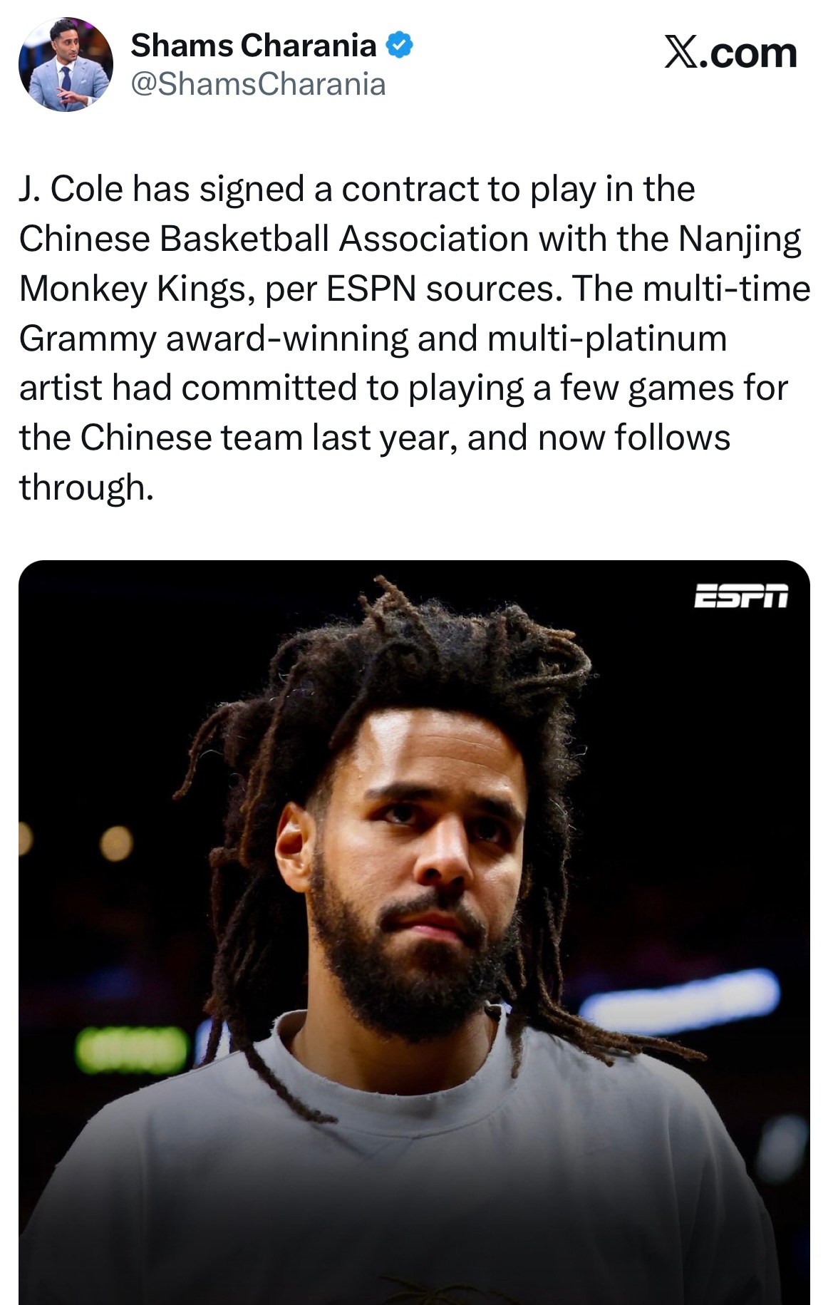 Shams：多次格莱美奖得主、多白金唱片认证的说唱歌手J. Cole已与南京同曦