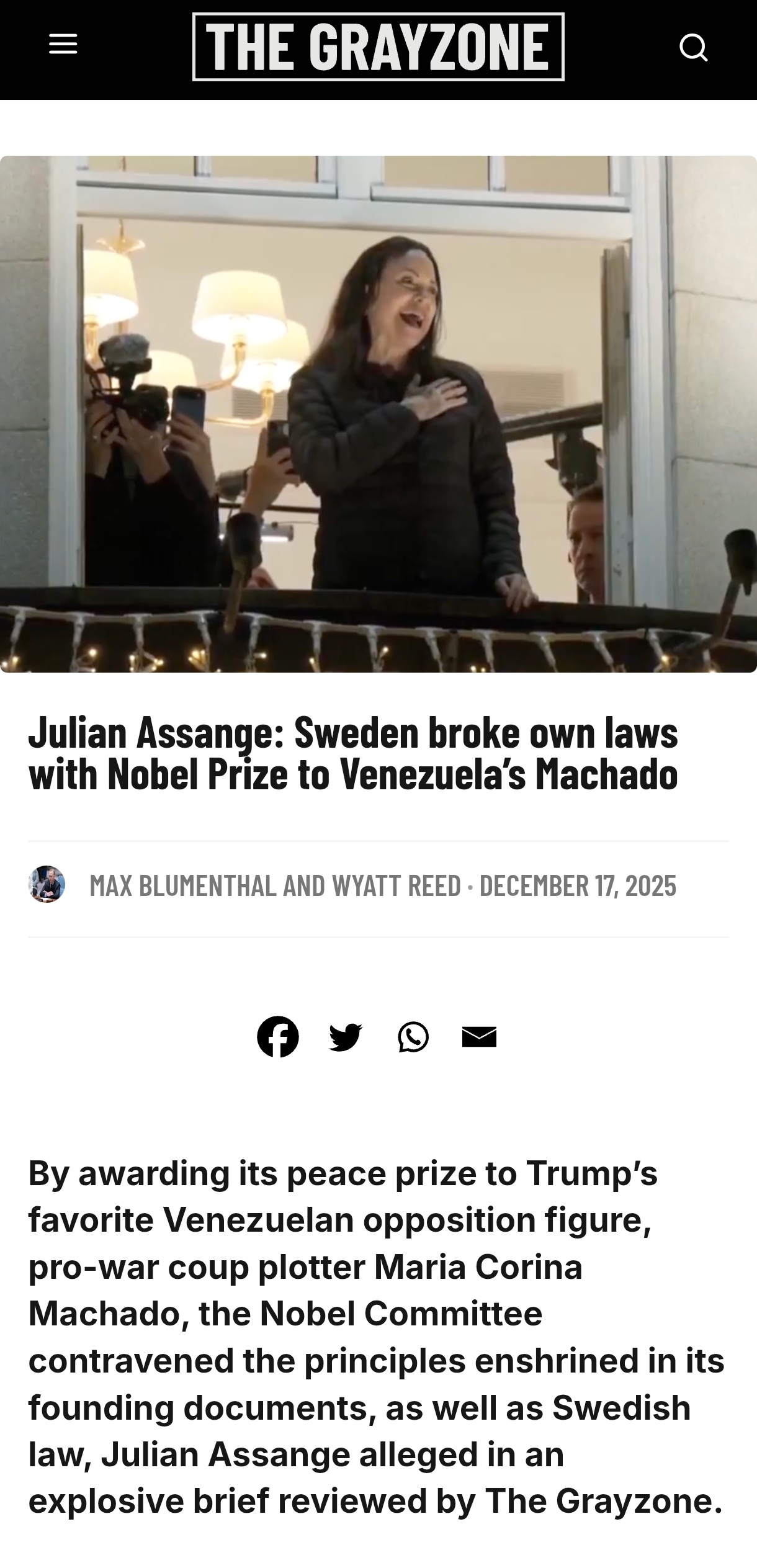 ❗朱利安·阿桑奇：瑞典违反本国法律，将诺贝尔奖授予委内瑞拉的玛丽亚·科琳娜·马查