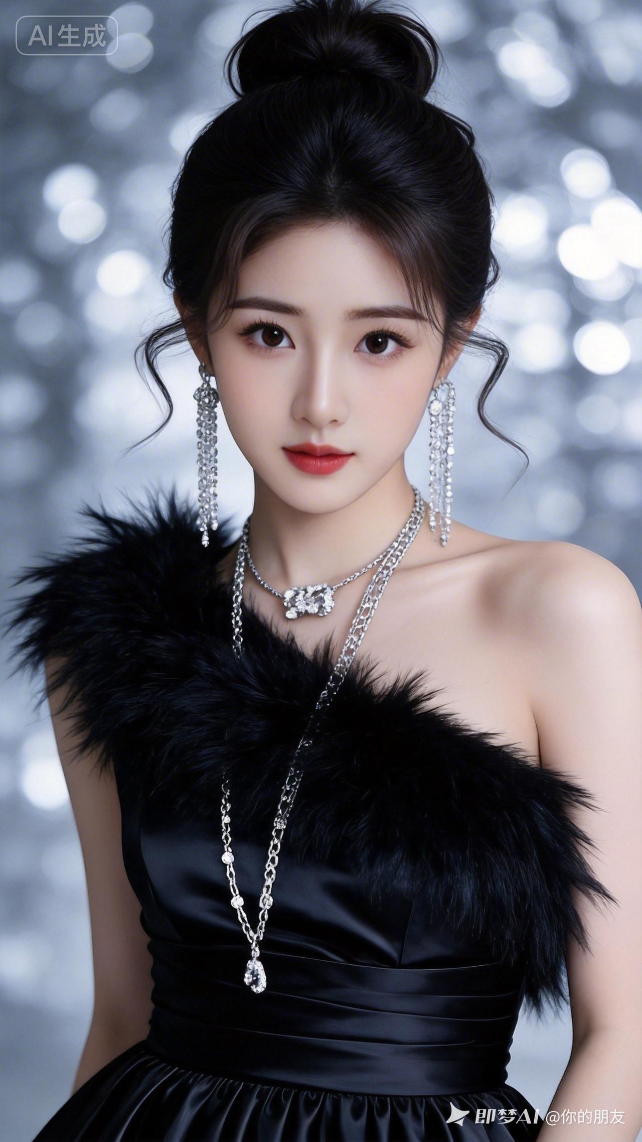 银灰光斑背景中，她高盘蓬松发髻，碎发轻扬。深棕眼眸配长睫，正红哑光唇，垂坠银钻耳