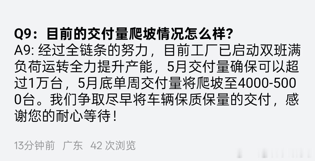 问界M8官宣交付量会在五月底爬升到4000-5000台每周！很快大家就会看到问界