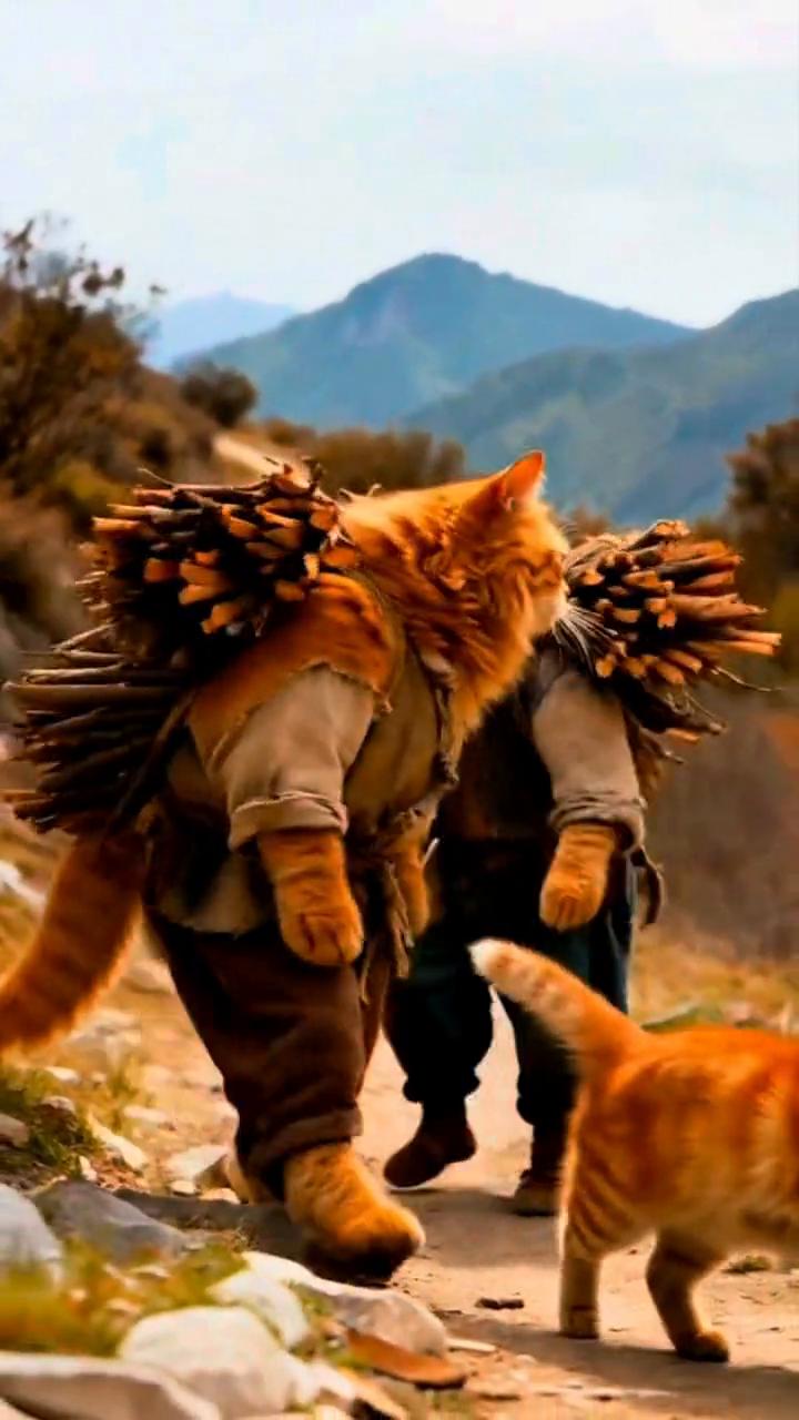 两只小猫咪背着竹篓走在乡间的小路上，它们来到菜园里帮主人干活。一只橘猫在田地里锄