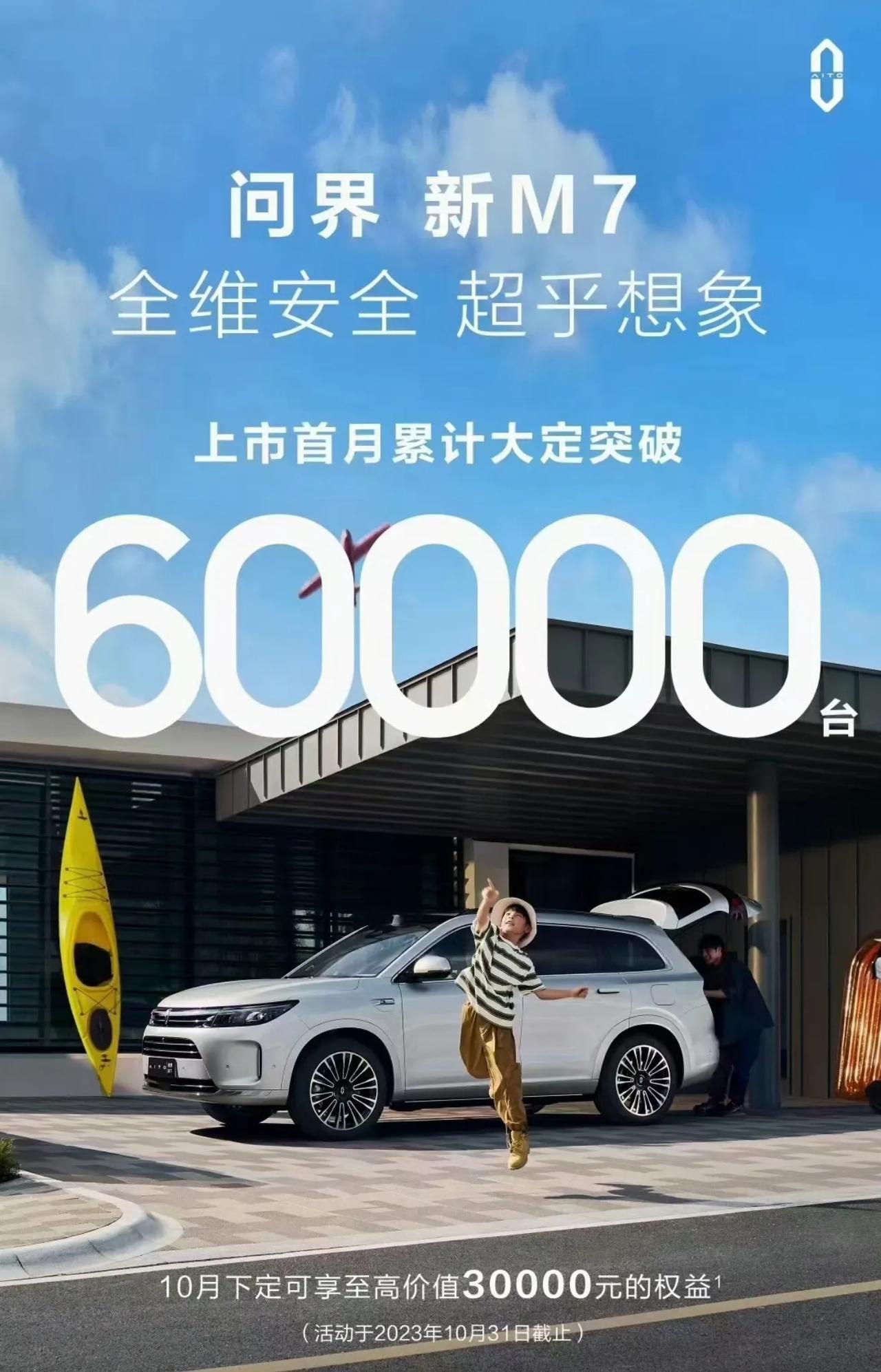 AITO问界新M7上市首个月就大定6万台，这个成绩还真超乎想象，华为归来果然啥都