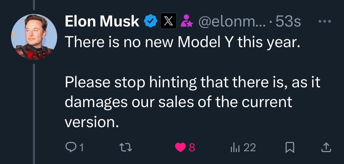 “今年没有新款Model Y。请不要再暗示有这个功能，因为这会损害我们当前版本的