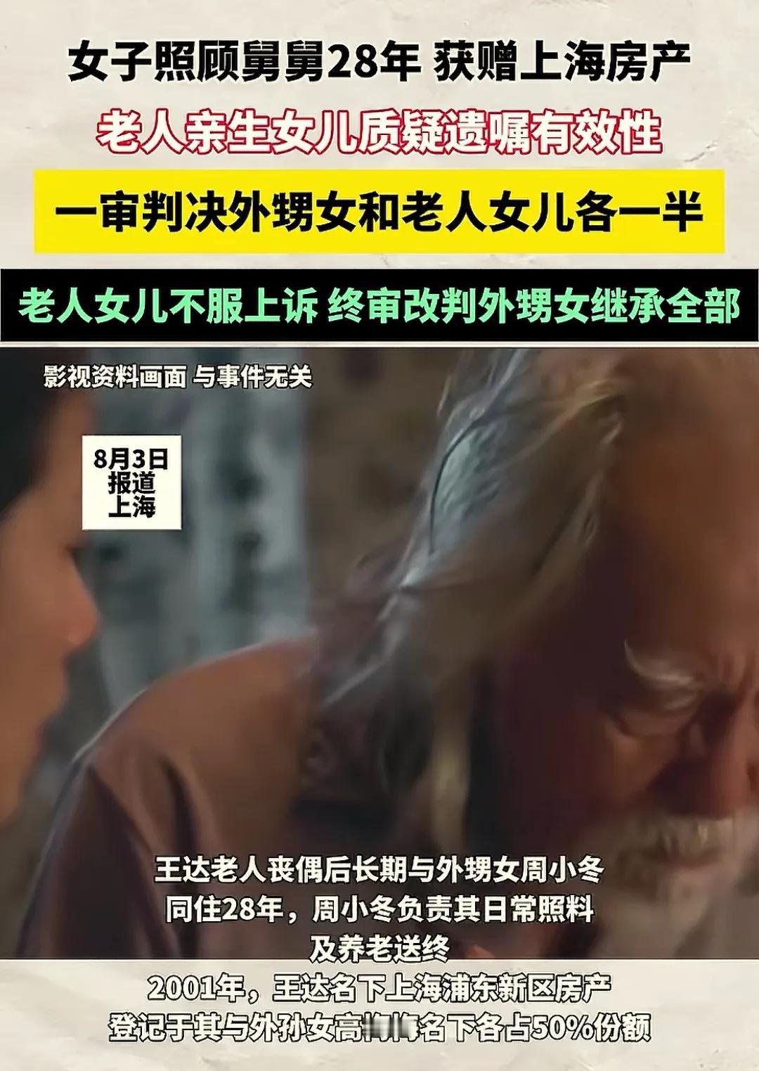 太寒心了！上海，一位外甥女照顾年迈的舅舅28年，直到老人去世后，女儿突然回国要求