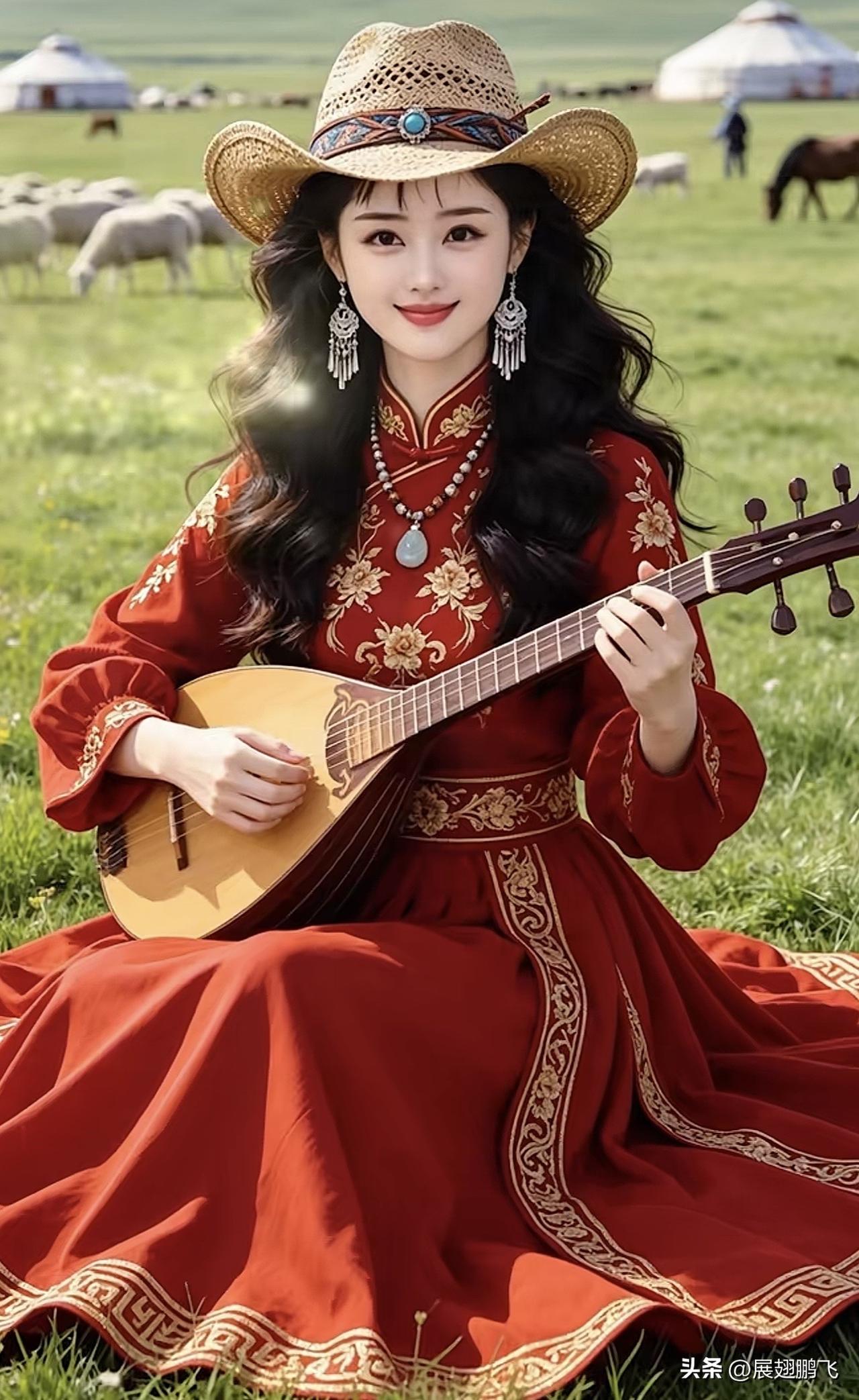 红衣美人抚琴，草原牧歌悠扬。草原红衣少女 古典抚琴 抚琴景 古典抚琴 红裳抚琴 