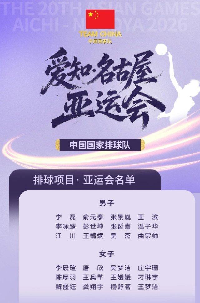 来自于TEAM CHINA官方公布的亚运会男女排名单和赛程！中国女排中国男排中国