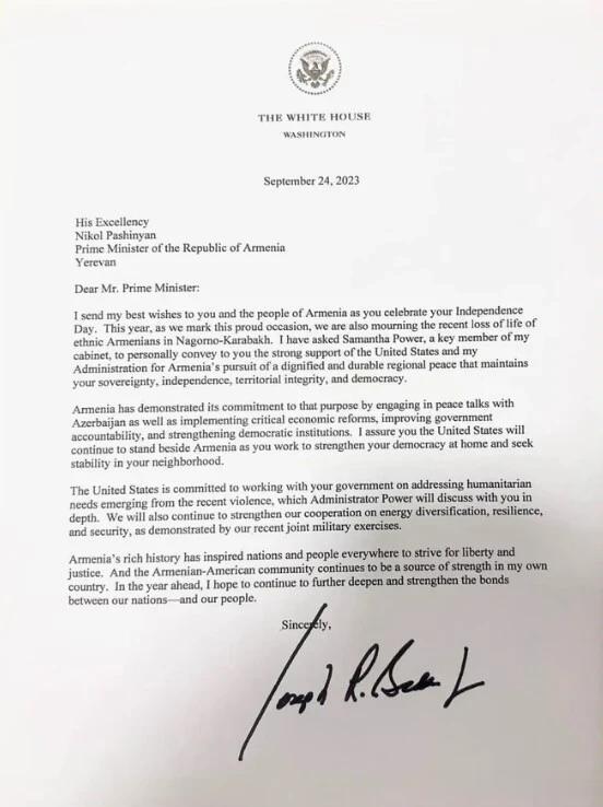 “华盛顿将和埃里温加强安全合作。”美国国际开发署负责人萨曼莎·鲍尔将拜登的亲笔信