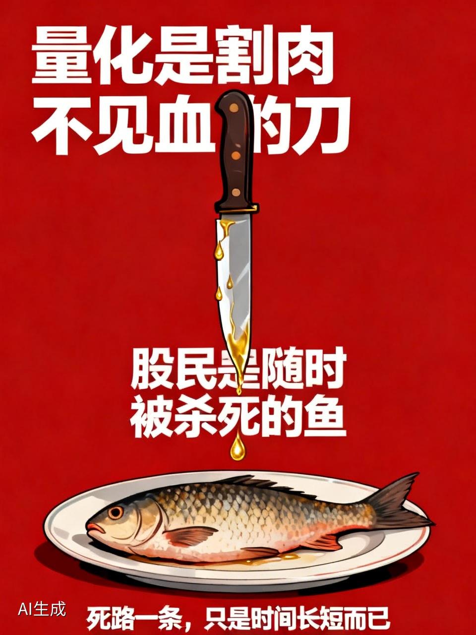 量化是割肉不见血的刀；
股民是随时被杀死的鱼；
人为刀俎，我为鱼肉，
死路一条，