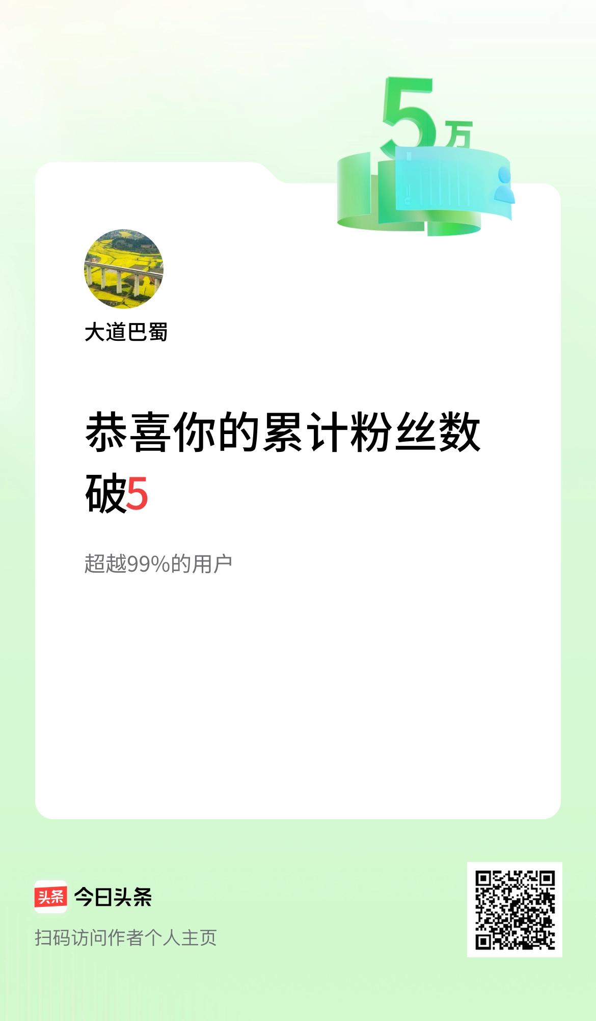我在头条累计粉丝数破5万啦！

头条粉丝破五万有贺  

屏开万象聚高贤，
五万