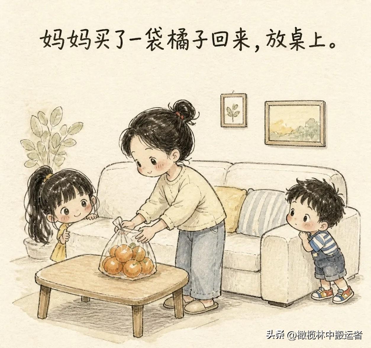 趣味漫画：妈妈买了一袋橘子回来放桌上。姐姐拿了三个，弟弟拿了三个。弟弟数了数袋子