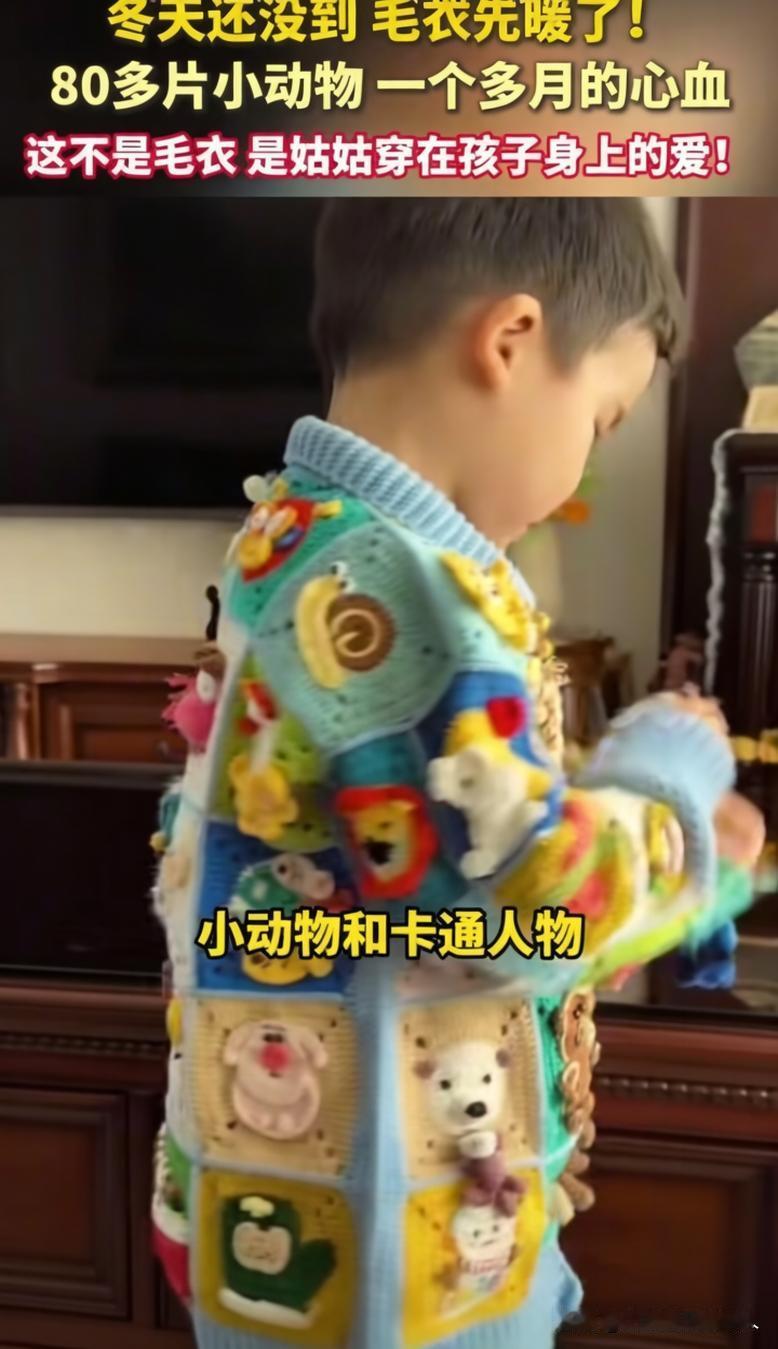 太暖心。
姑姑耗时一月织出“动物园毛衣”。
八十多个立体小动物缀满衣身。
侄子穿