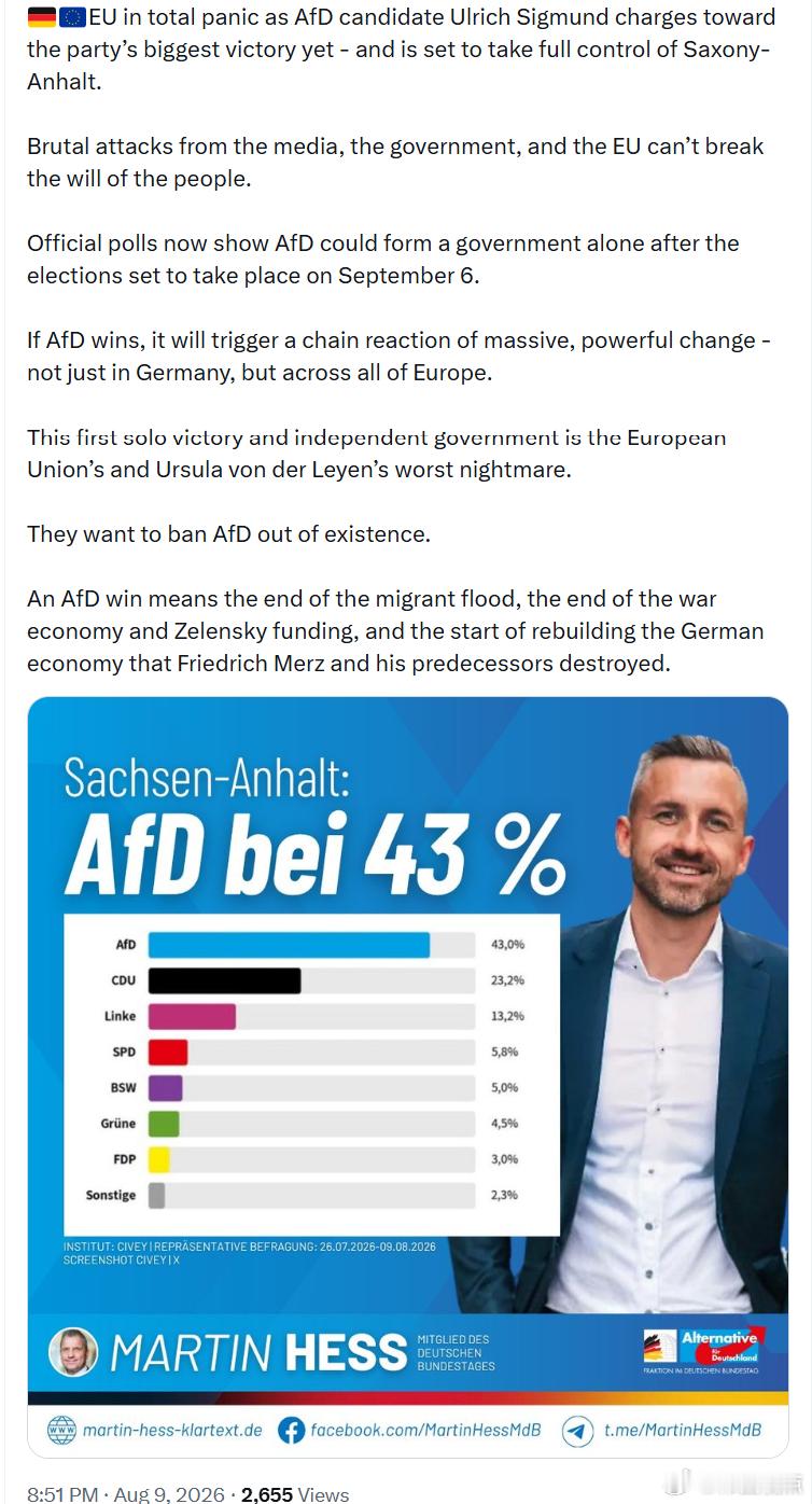 欧盟陷入全面恐慌，因为德国选择党(AfD)候选人乌尔里希·西格蒙德正势不可挡地冲