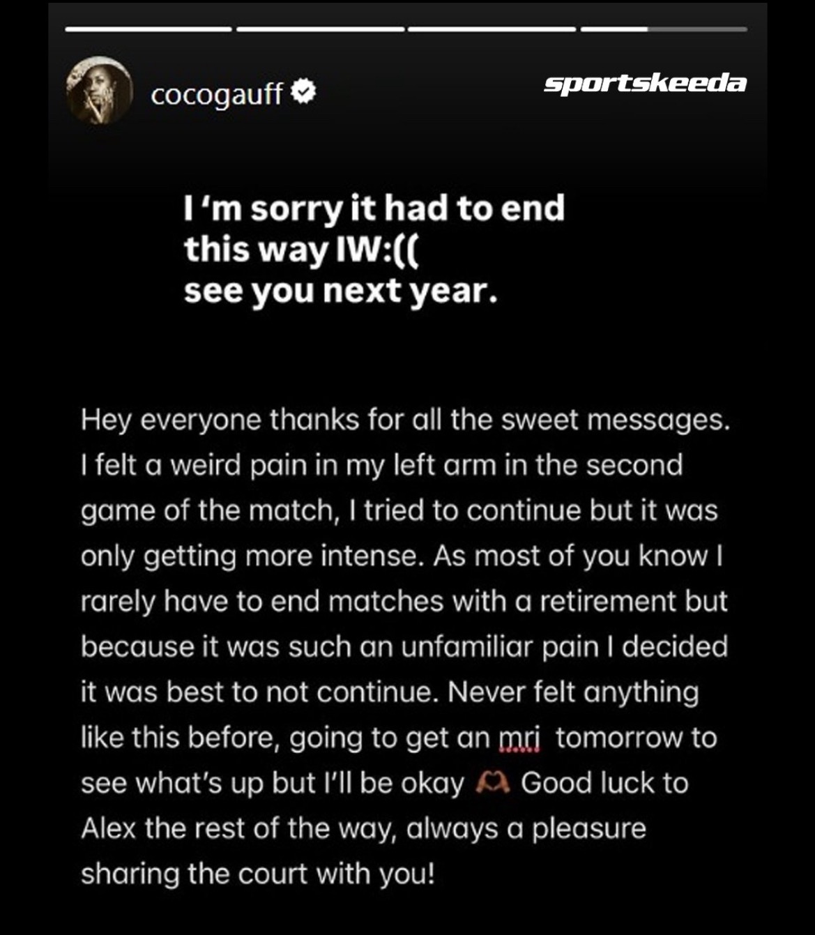 高芙因伤退赛退出比赛后，高芙在自己的社交媒体上发布了退赛声明，感谢大家支持，并表