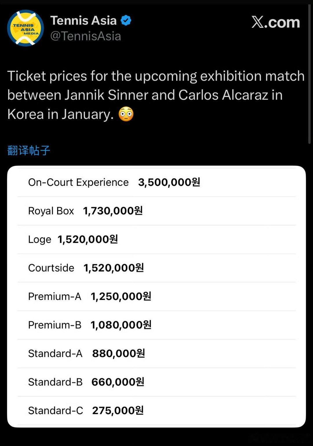 阿卡辛纳明年1月10日韩国表演赛的票价公布性价比如何？放国内这个价有人看吗场内体