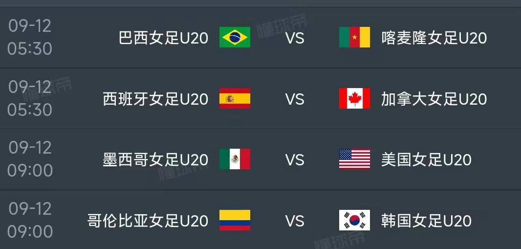 北京时间9月12日，U20女足世界杯1/8决赛赛程如下：


05：30，巴西V