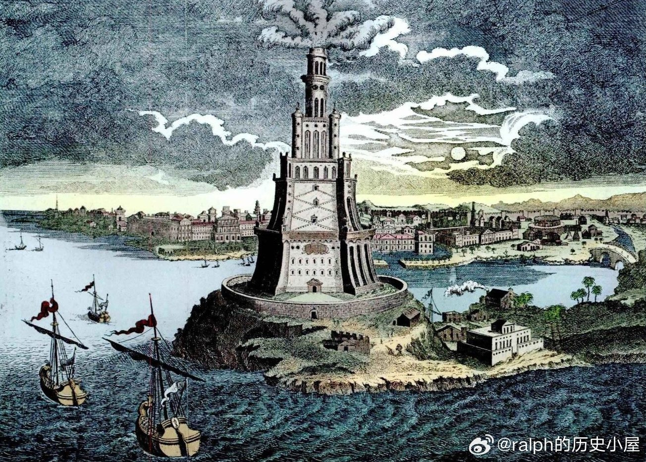 18世纪插画，位于埃及亚历山大港的法洛斯灯塔，被称为古代世界七大奇迹之一，灯塔建