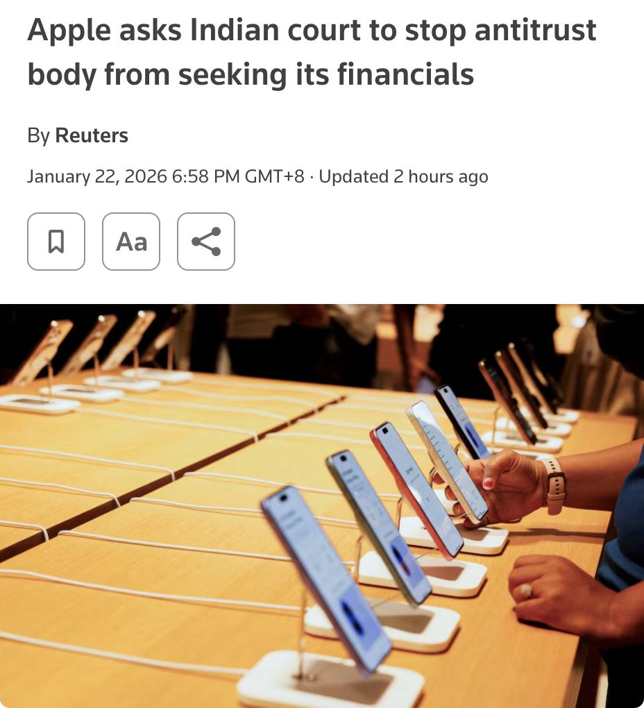 外媒：苹果公司请求印度法院阻止反垄断机构获取其全球财务记录。

印度竞争委员会（
