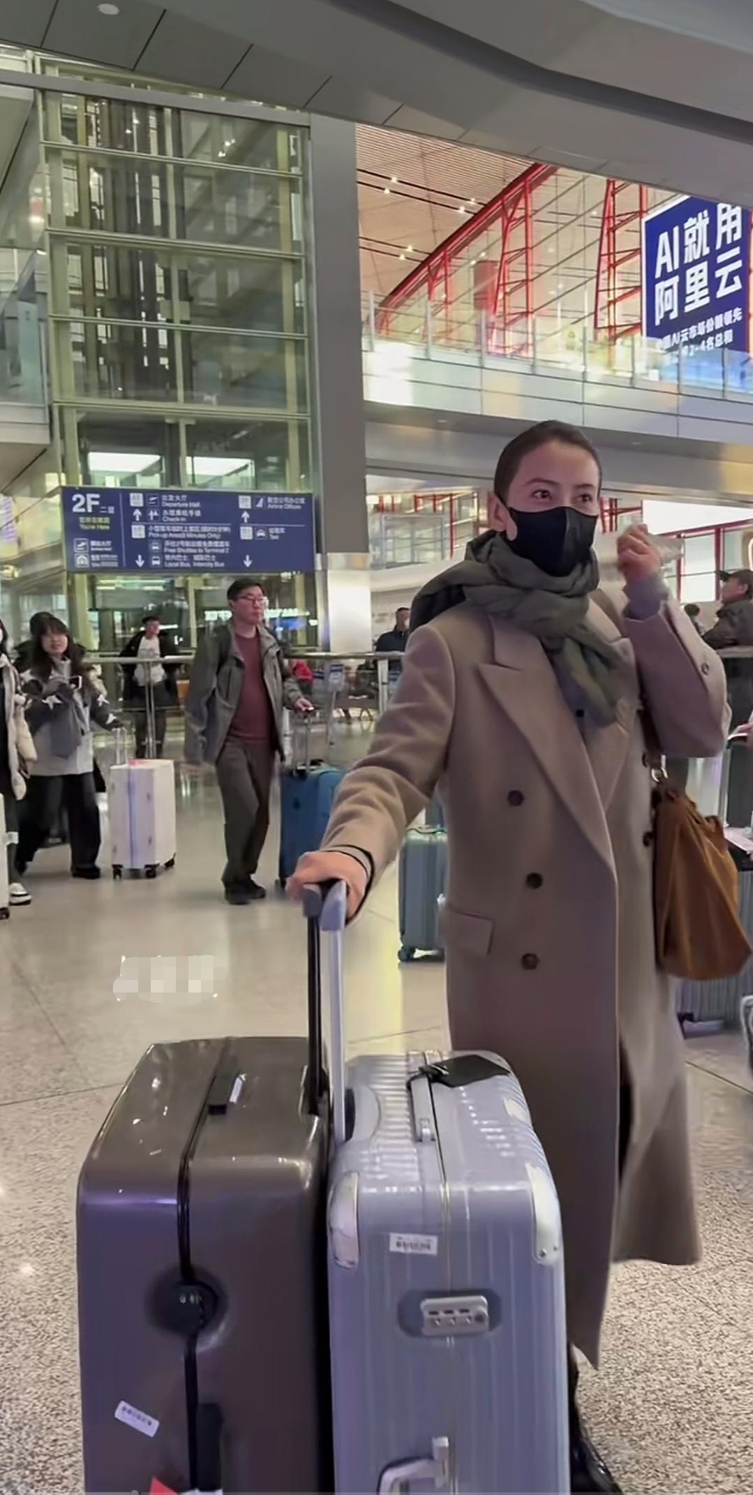 高圆圆，大衣颜色和围巾颜色搭配起来太显气质了。