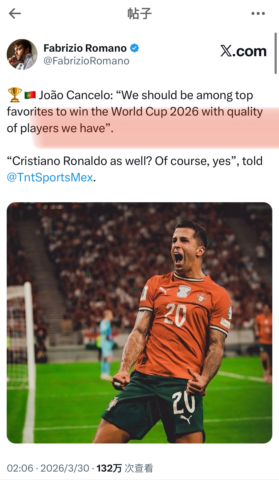 坎塞洛：“凭借我们拥有的球员质量，我们应该成为2026年世界杯夺冠的热门之一”。