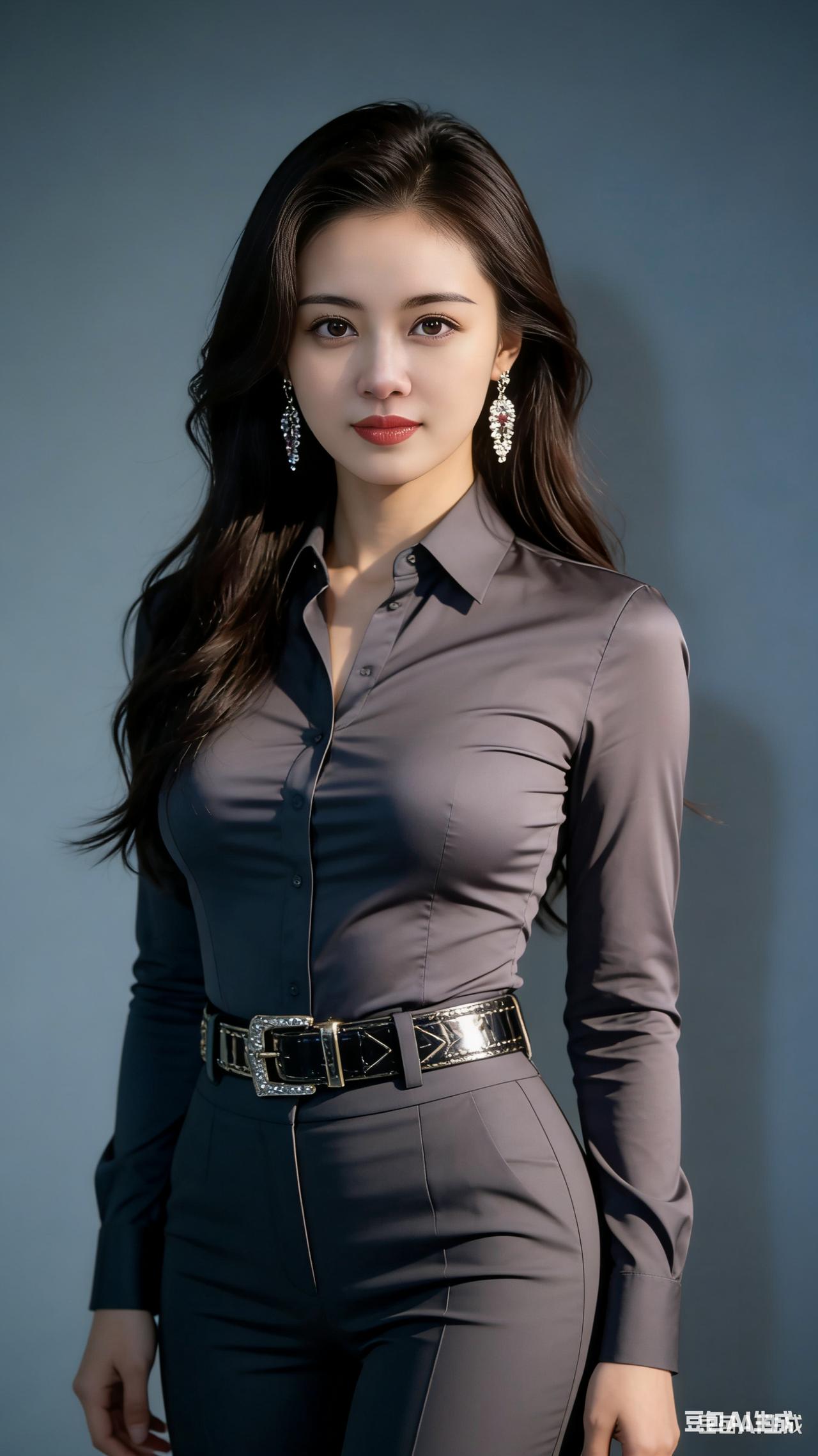 深资美女深棕柔润长发垂肩，精致妆容配亮眼耳饰熠熠生辉。紧身衬衣搭修身西裤，腰带勾