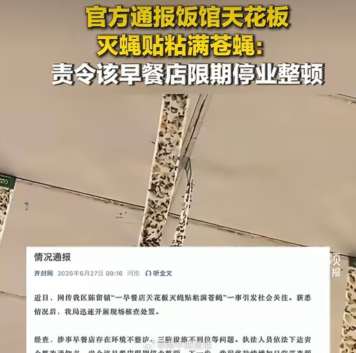 天花板灭蝇贴粘满苍蝇饭馆已停业看到那张灭蝇贴的照片，我第一反应不是恶心，是后怕—