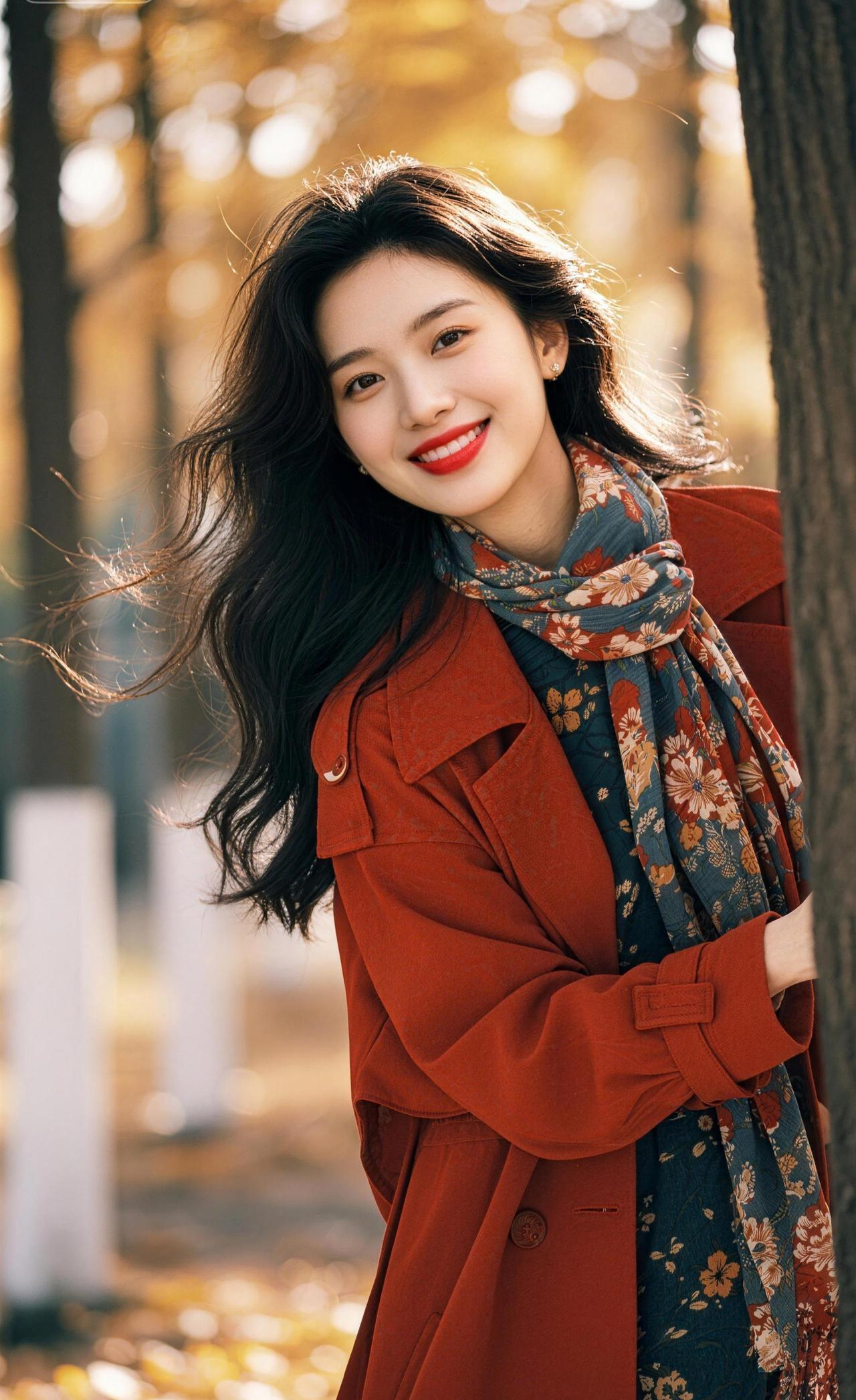 上联：绛缕裁秋，印花系颈添风雅
下联：珠辉映鬓，浅笑含春透丽明