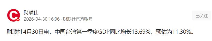 13.69%！中国台湾第一季度GDP暴涨。

根据财联社的消息，中国台湾第一季度