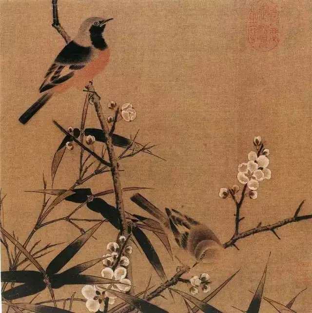 宋 佚名《梅竹双雀图页》 宋 绢本设色 ，26c×26.5cm。绿竹丛中逶迤伸出