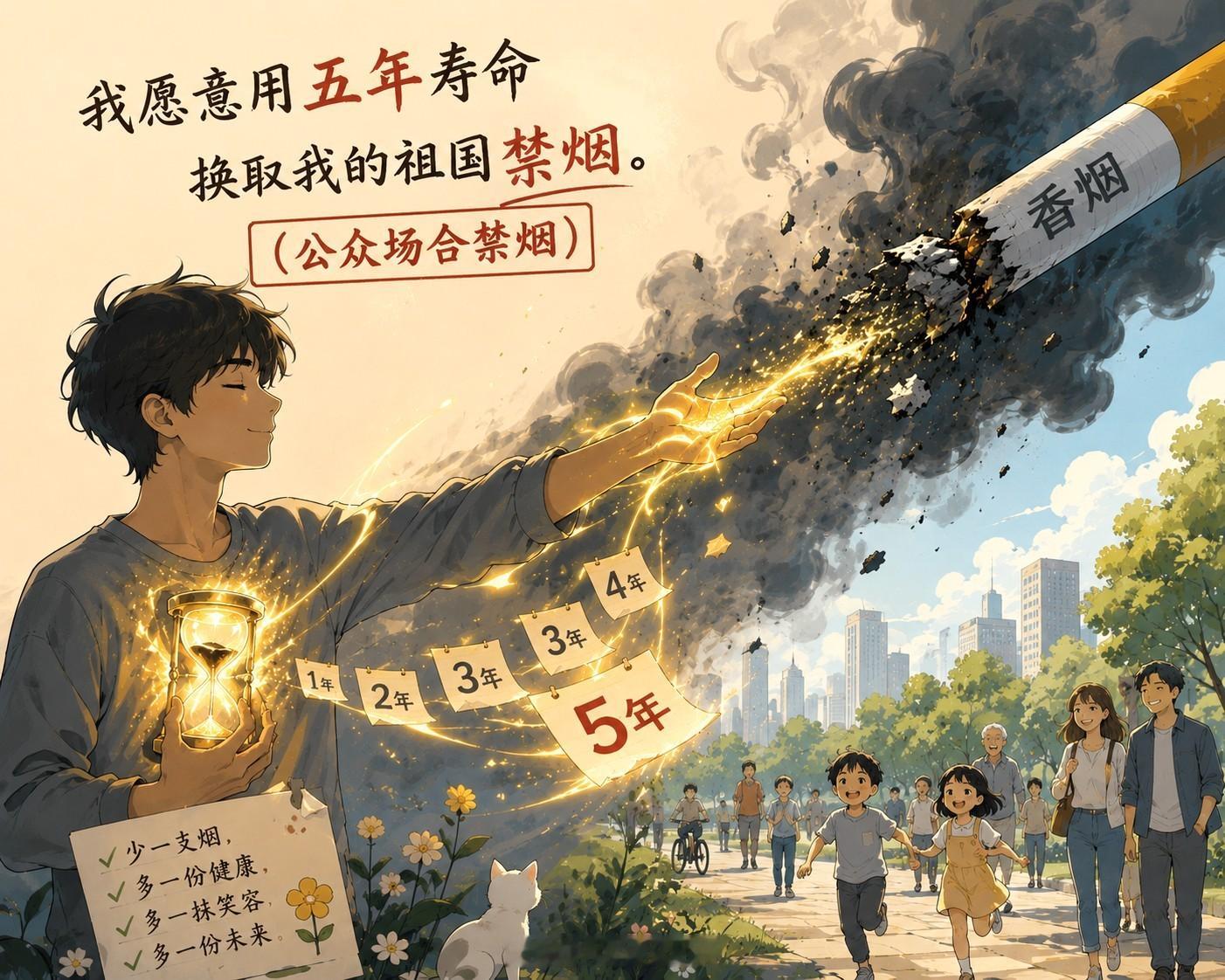 我愿意用5年寿命换我伟大的祖国禁烟（公众场合禁烟）我希望给我的老婆孩子一个没有二