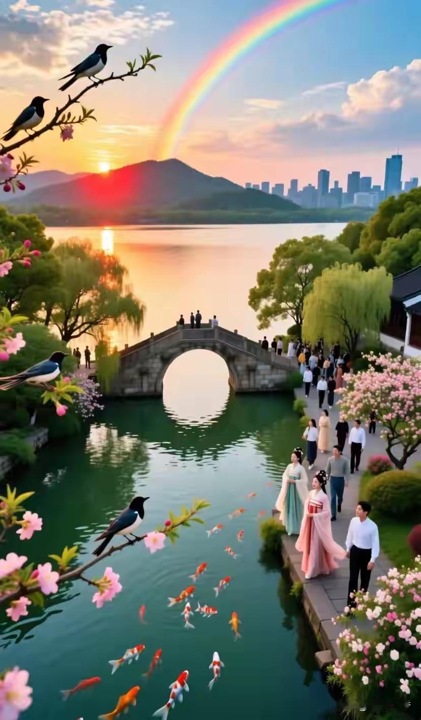 春暖花开新天地，
海晨日出照环球。
横批：《花开与日出》