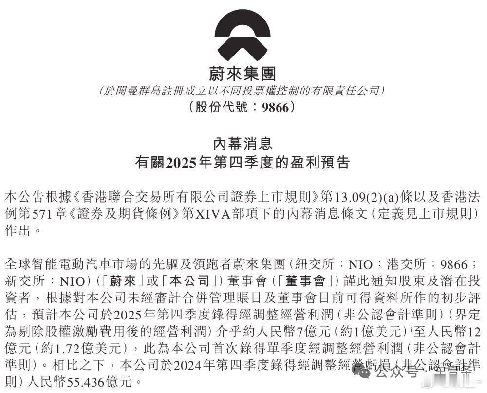 蔚来四季度首次盈利蔚来预计，2025年第四季度将录得经调整经营利润约人民币7亿元