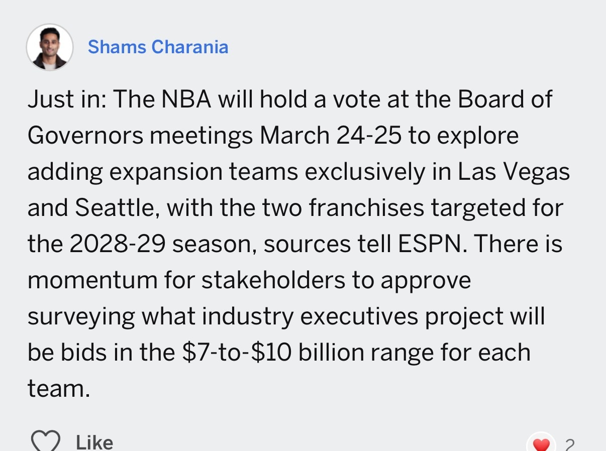 NBA即将投票，在拉斯维加斯和西雅图扩军，新赛季在2028-2029赛季。 