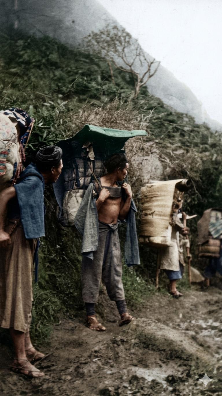 民初，西南崎岖的山路上，一群背夫负重前行，中间的背夫上身赤裸，肋骨分明，背上的货