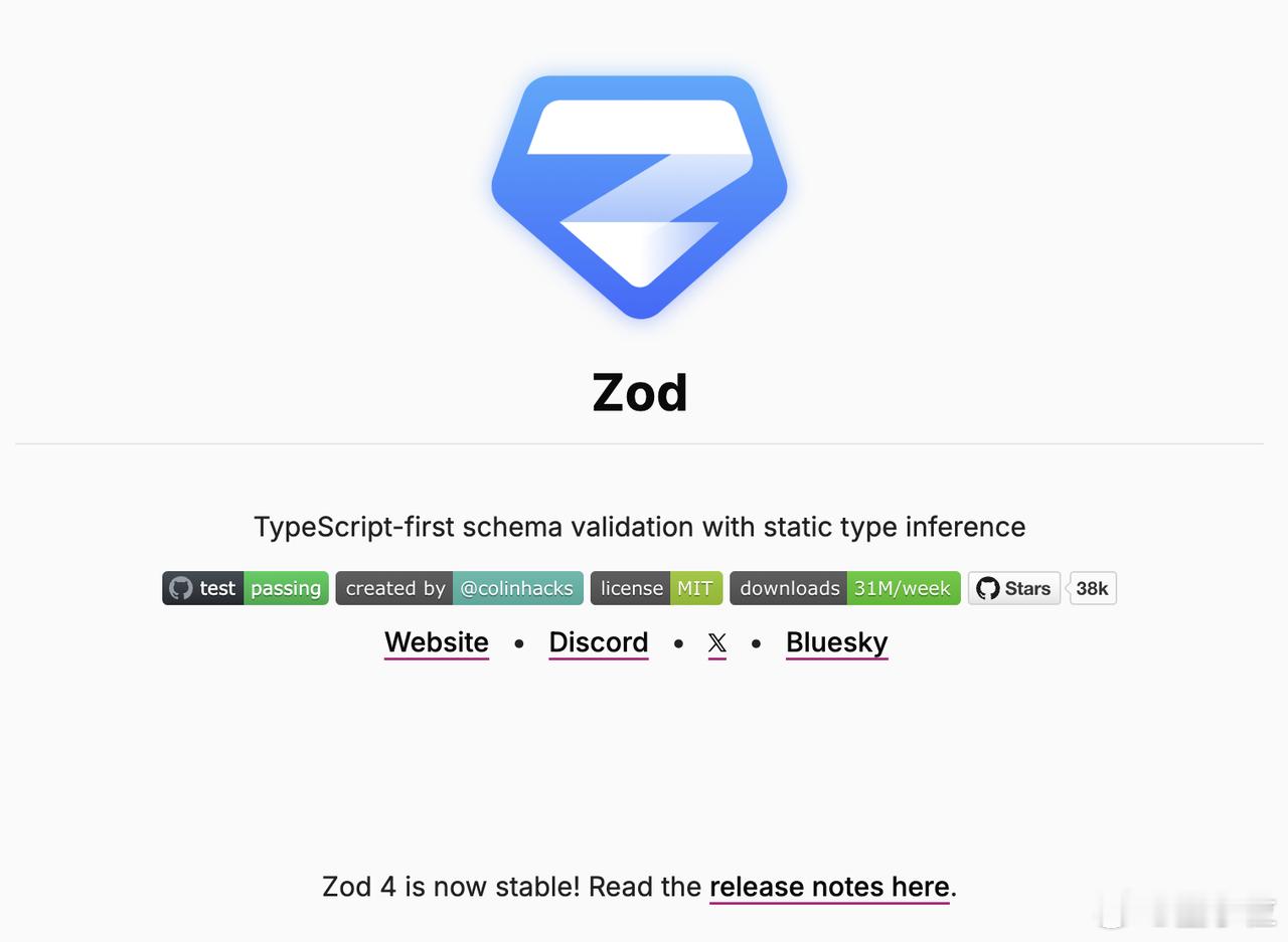Zod推出最新版本Zod4数据验证库Zod迎来重大更新Github近3.8万星，