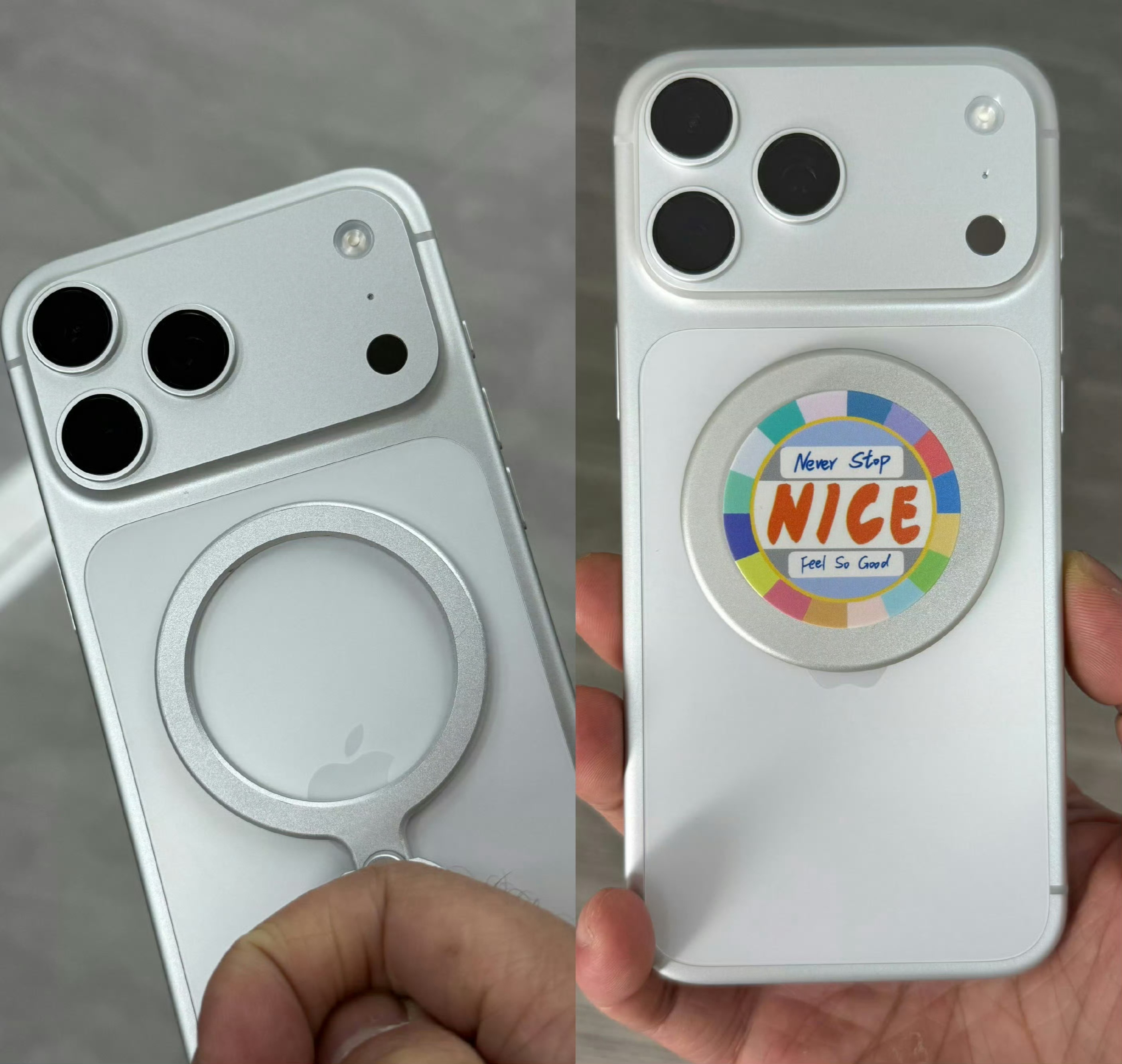 有人说咱们这个壳子磁圈都没做对，把手机 logo 遮住了。我说拜托您拆开苹果原装